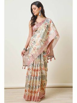 Soch - Womens Peach Linen Floral Print Saree with Unstitched Blouse