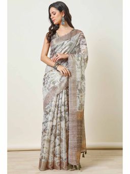 Soch - Womens Light Brown Linen Floral Print Tassels Saree with Unstitched Blouse