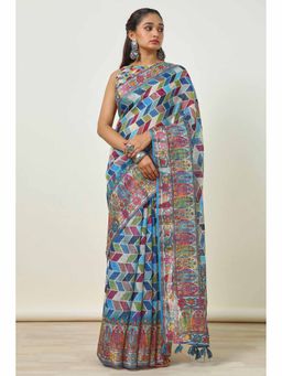 Soch - Womens Multi-Color Linen Printed Saree with Unstitched Blouse