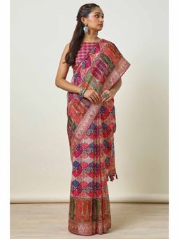 Soch - Womens Multi-Color Linen Printed Tassels Saree with Unstitched Blouse