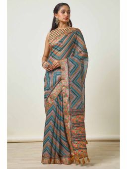 Soch - Womens Teal Linen Chevron Printed Tassels Saree with Unstitched Blouse