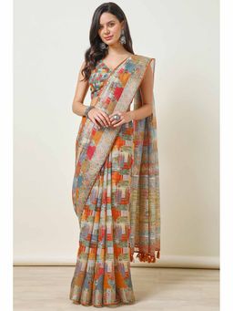 Soch - Womens Multi-Color Linen Printed Tassels Saree with Unstitched Blouse