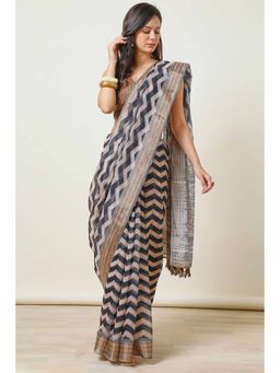 Soch - Womens Black Linen Chevron Printed Tassels Saree with Unstitched Blouse