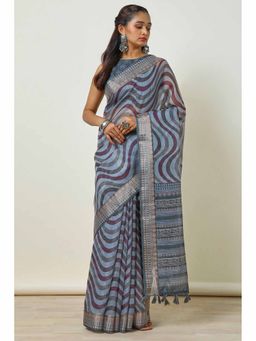 Soch - Womens Grey Linen Chevron Printed Tassels Saree with Unstitched Blouse