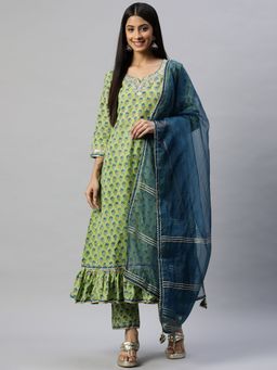 Divena - Green Cotton Hand Block Printed Kurta and Pants with Dupatta (Set of 3)