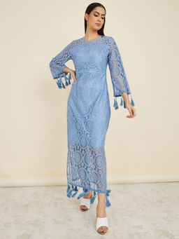 Styli - Long Sleeves Lace Insert A-line Maxi Dress