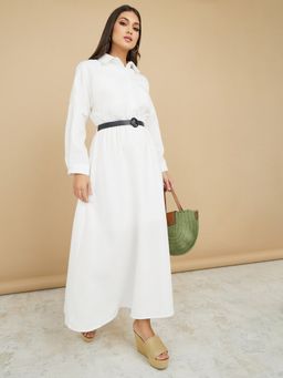 Styli - Roll-up Sleeve Belted Shirt Maxi Dress (Set of 2)