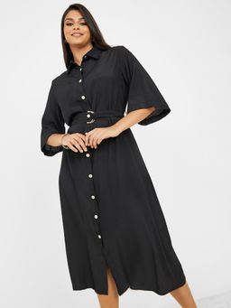 Styli - Button Placket Belted Shirt Midi Dress (Set of 2)
