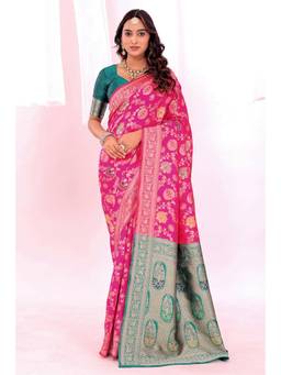 Nyri - Pink New Trendy Wedding And Festival Wear Silk Blend Banarasi Woven Designer Saree