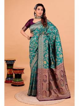 Nyri - Teal New Trendy Wedding And Festival Wear Silk Blend Banarasi Woven Designer Saree