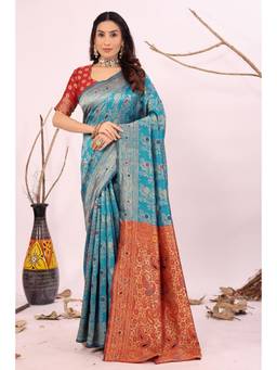 Nyri - Blue New Trendy Wedding And Festival Wear Silk Blend Banarasi Woven Designer Saree