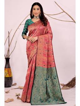 Nyri - Peach New Trendy Wedding And Festival Wear Silk Blend Banarasi Woven Designer Saree
