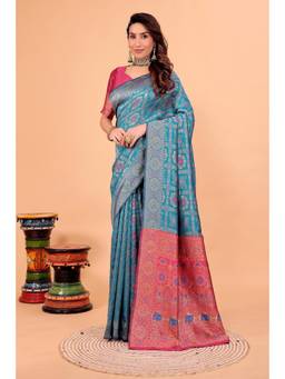 Nyri - Blue New Trendy Wedding And Festival Wear Silk Blend Banarasi Woven Designer Saree