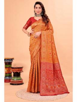 Nyri - Mustard New Trendy Wedding And Festival Wear Silk Blend Banarasi Woven Designer Saree