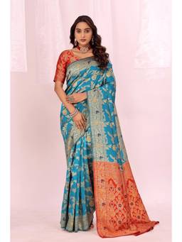 Nyri - Blue New Trendy Wedding And Festival Wear Silk Blend Banarasi Woven Designer Saree