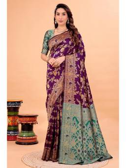 Nyri - Wine New Trendy Wedding And Festival Wear Silk Blend Banarasi Woven Designer Saree
