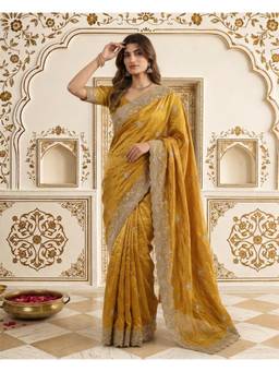 Nyri - Mustard Partywear Soft Gold Crush Embroidery Sequence Work Saree