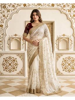 Nyri - White Pure Fandy Satin C Pallu Beads Embroidery Work Saree