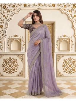 Nyri - Lavender Pure Fandy Satin C Pallu Embroidery Sequence Work Saree