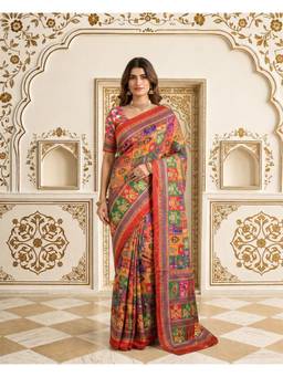 Nyri - Multi-Color Premium Satin Crape Ajrakh Print With Real Mirror Work Saree