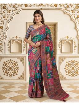Nyri - Multi-Color Premium Satin Crape Ajrakh Print With Real Mirror Work Saree