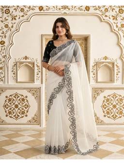 Nyri - White Designer Crunchy Silk Embroidery C pallu Work Saree