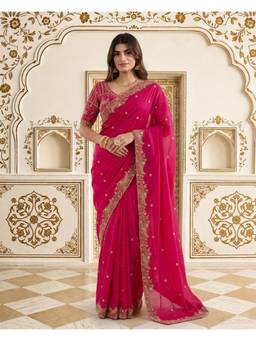 Nyri - Pink Designer Fandy Satin Silk With Zari Embroidery Sequence Work Saree