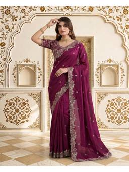 Nyri - Magenta Designer Fandy Satin Silk With Zari Embroidery Sequence Work Saree