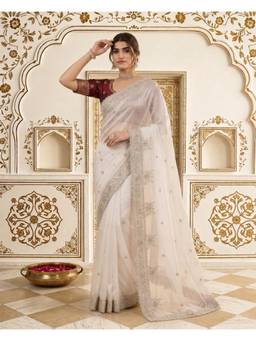 Nyri - White Designer Pure Fandy Satin Embroidery Sequence Work Saree