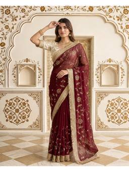 Nyri - Maroon Pure Fandy Satin C Pallu Beads Embroidery Work Saree