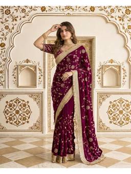 Nyri - Purple Pure Fandy Satin C Pallu Beads Embroidery Work Saree