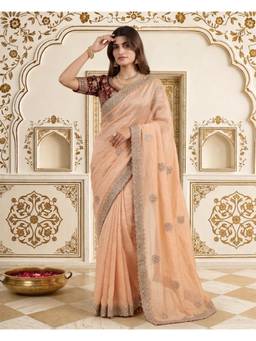 Nyri - Cream Pure Fandy Satin C Pallu Embroidery Sequence Work Saree