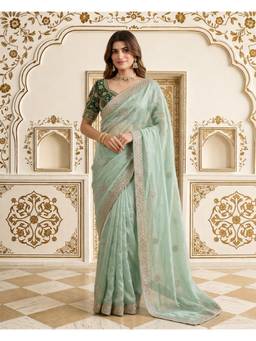 Nyri - Turquoise Pure Fandy Satin C Pallu Embroidery Sequence Work Saree
