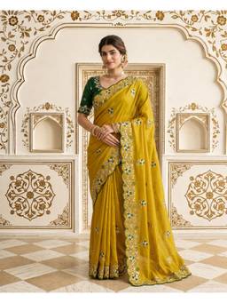 Nyri - Yellow Soft Vichitra Silk Embroidery Sequence Thread Work Saree