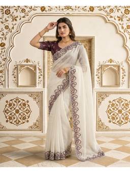 Nyri - White Designer Crunchy Silk Embroidery C pallu Work Saree