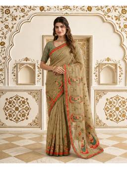 Nyri - Olive Pure Simar Silk Digital Printed Saree With Aari Work
