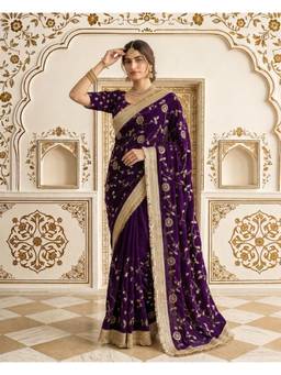 Nyri - Purple Pure Fandy Satin C Pallu Beads Embroidery Work Saree