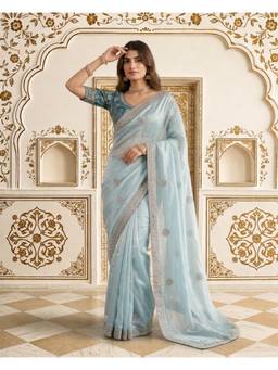 Nyri - Blue Pure Fandy Satin C Pallu Embroidery Sequence Work Saree