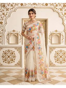 Nyri - White Heavy Organza Digital Print Saree and Handwork With Gotta Patti Lace Border