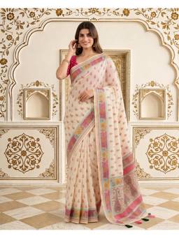 Nyri - White Premium Linen Silk Digital Printed And Hardwork Saree