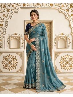 Nyri - Teal Soft Vichitra Silk Embroidery Sequence Thread Work Saree
