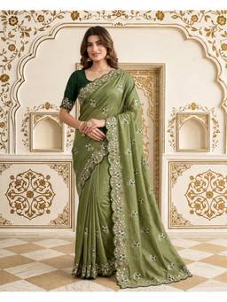 Nyri - Olive Soft Vichitra Silk Embroidery Sequence Thread Work Saree