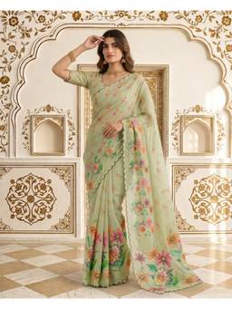 Nyri - Olive Premium Linen Silk Digital Printed And Khatli Work Saree