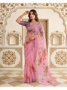 Nyri - Pink Heavy Organza Brush Print Saree and Khatli work With Stone