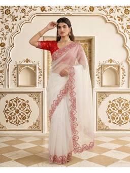 Nyri - White Designer Crunchy Silk Embroidery C pallu Work Saree