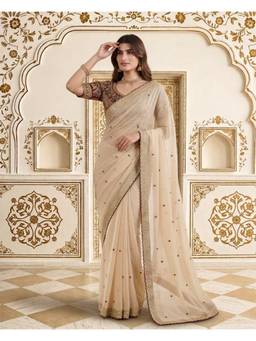 Nyri - Copper Designer Rangoli Silk Embroidery Sequence Work Saree With Multi Arco Border