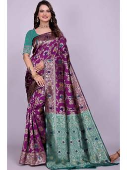 Nyri - Purple New Trendy Wedding And Festival Wear Silk Blend Banarasi Woven Designer Saree