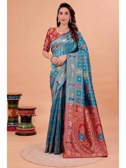 Nyri - Blue New Trendy Wedding And Festival Wear Silk Blend Banarasi Woven Designer Saree