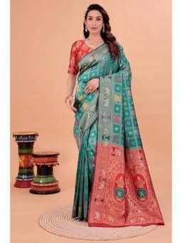 Nyri - Teal New Trendy Wedding And Festival Wear Silk Blend Banarasi Woven Designer Saree