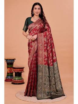 Nyri - Maroon New Trendy Wedding And Festival Wear Silk Blend Banarasi Woven Designer Saree